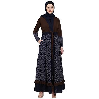 Classic front open abaya with polka dot- Coffee-Navy Blue